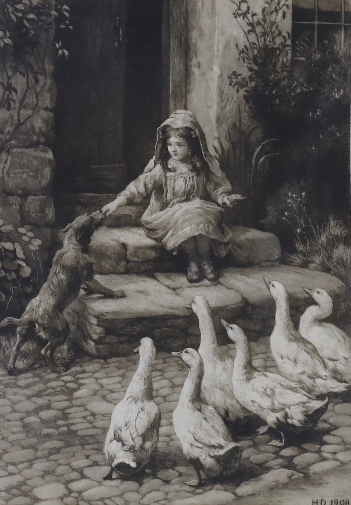 Herbert Dicksee (1862-1942), two etchings, On the Threshold (Herbert Dicksee's wife, Ella Maria) & Lucky Dog, each signed in pencil, publ. 1901 & 1908, 47 x 32cm